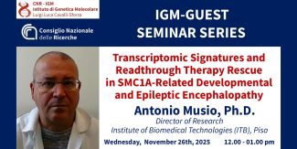Cover incontro "Transcriptomic Signatures and Readthrough Therapy Rescue inSMC1A-Related Developmental and Epileptic Encephalopathy" con principali info evento e foto del relatore