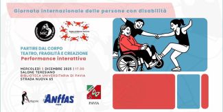 Copertina "Partire dal corpo: Teatro, fragilità e creazione" con dati principali evento e disegno di un ragazzo sulla sedia a rotelle che danza con un ragazzo e una ragazza