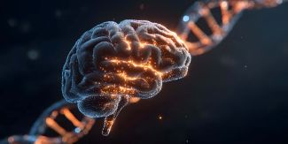 Immagine generata con IA di un cervello dietro cui è presente un'elica di DNA