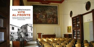 Copertina del libro "Vite al fronte", sullo sfondo l'Aula Magna del Collegio F.lli Cairoli