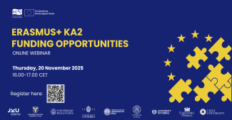 Copertina webinar “Erasmus+ KA2 Funding Opportunities” con principali info sull'evento e pezzi di puzzle gialli che si uniscono alle stelle della bandiera europea