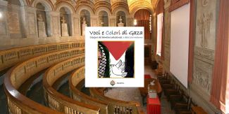 Copertina libro "Voci e colori di Gaza", sullo sfondo Aula Scarpa