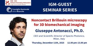Cover "Noncontact Brillouin microscopy for 3D biomechanical imaging" con principali dettagli dell'evento e foto di Giuseppe Antonacci