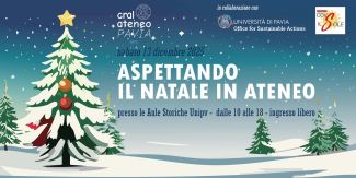 Cover evento "Aspettando il Natale in Ateneo" 2025. Sullo sfondo paesaggio invernale con albero di Natale