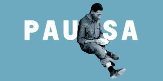 Copertina del documentario "Pausa" con titolo e operaio che mangia