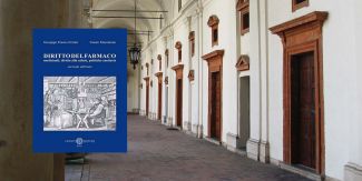 Copertina del volume "Diritto del farmaco", sullo sfondo portico del cortile interno del Collegio Borromeo