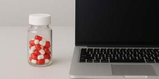 Flacone con pillole di fianco a pc portatile