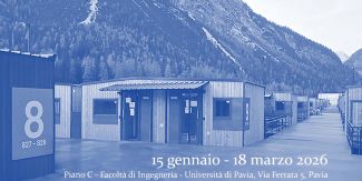 Il Villaggio Olimpico di Cortina 2026. In sovrimpressione le date e il luogo della mostra 