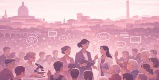 Copertina evento LEI.SCIENZA, creata con IA: in primo piano figure di scienziate, sullo sfondo la città di Pavia