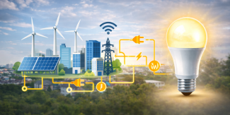 Lampadina accesa e sistemi di produzione di energia rinnovabile. Sullo sfondo veduta di una città