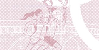 Disegno di un'atleta e un atleta che reggono la fiamma olimpica davanti al Ponte Coperto di Pavia