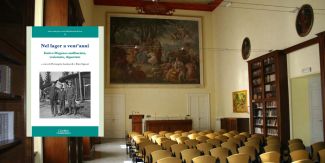 Copertina del libro "Nel lager da vent'anni", sullo sfondo Aula Magna del Collegio F.lli Cairoli