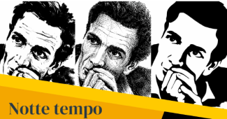 Cover spettacolo "Notte tempo" al Ghislieri con sagoma stilizzata del viso di Pasolini ripetuta 3 volte