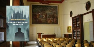 Copertina del libro "Senza lasciare traccia", sullo sfondo Aula Magna del Collegio Cairoli di Pavia