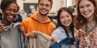 Tre ragazze e un ragazzo sorridenti che tengono in mano dei vestiti