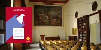 Copertina del libro "Voci dal confine", sullo sfondo l'Aula Magna del Collegio F.lli Cairoli