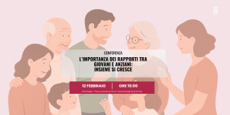 Copertina convegno "L’importanza dei rapporti tra giovani e anziani: insieme si cresce" con principali informazioni sull'evento e disegno di persone giovani con persone anziane