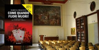 Copertina del libro "Come quando fuori muori", sullo sfondo l'Aula Magna del Collegio F.lli Cairoli
