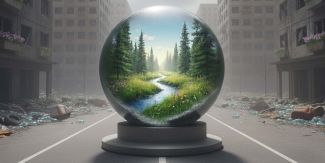 Sfera di cristallo contenente immagine di un paesaggio verdeggiante con un corso d'acqua. La sfera è collocata al centro di una strada piena di rifiuti posta tra i palazzi.