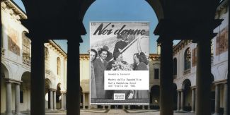 Copertina libro "Madre della Repubblica. Maria Maddalena Rossi nell’Italia del '900", sullo sfondo il chiostro del Collegio Ghislieri