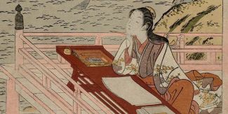 Dettaglio di un'immagine raffigurante la famosa autrice giapponese Murasaki Shikibu mentre scrive "La storia di Genji", opera fondamentale della letteratura giapponese classica.