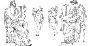 Grafica che riproduce due suonatori di cetra del mondo antico e due figure alate che suonano