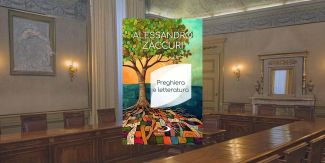 Copertina del libro "Preghiera e letteratura", sullo sfondo Sala Lauree