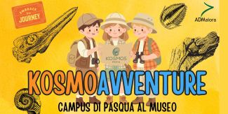 Copertina "KosmoAvventure" con disegno raffigurante bambini e reperti archeologici animali