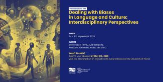 Cover Call convegno "Dealing with Biases in Language and Culture" con info principali sulla call e disegno di sagome umane e collegamenti che rimandano all'intelligenza artificiale