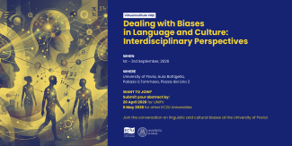 Cover Call convegno "Dealing with Biases in Language and Culture" con info principali sulla call e disegno di sagome umane e collegamenti che rimandano all'intelligenza artificiale