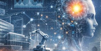 collage di elementi che rimandano a progettazione architettonica, intelligenza artificiale, innovazione