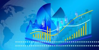 Grafici a colonne e a torta, sullo sfondo il globo terrestre