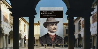 Copertina del libro "Il primo fascista. Storia e leggenda di un precursore", sullo sfondo chiostro interno del Collegio Ghislieri