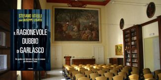 Copertina "Il ragionevole dubbio di Garlasco", sullo sfondo l'Aula Magna del Collegio F.lli Cairoli