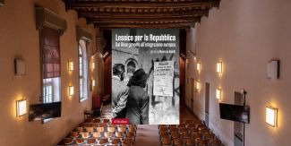 Copertina del libro "Lessico per la Repubblica", sullo sfondo Aula del '400