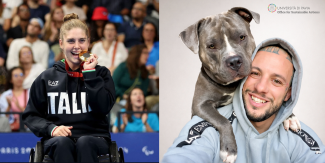 Collage di due foto: Monica Boggini mentre indossa medaglia olimpica - Massimo Simari col suo cane