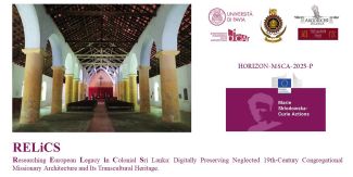 Logo Marie Skłodowska-Curie Actions Postdoctoral Fellowship e loghi enti coinvolti. Foto di una chiesa in Sri Lanka