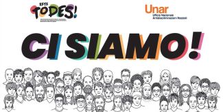 Copertina campagna "Ci siamo" della Rete TODES: scritta "Ci siamo", loghi e disegno di tanti volti 