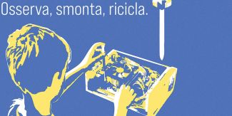 Disegno stilizzato di bambino che smonta apparecchiatura tecnologica