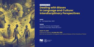 Cover Call convegno "Dealing with Biases in Language and Culture" con info principali sulla call e disegno di sagome umane e collegamenti che rimandano all'intelligenza artificiale