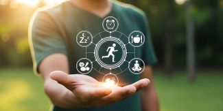 Primo piano di una mano aperta che solleva icone grafiche luminose raffiguranti i pilastri del benessere: sport, sonno, alimentazione sana, meditazione, tempo e idratazione. Lo sfondo sfocato mostra un ambiente naturale soleggiato.