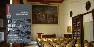 Copertina del libro "Delitti in prima pagina", sullo sfondo l'Aula Magna del Collegio Cairoli