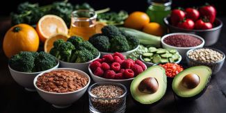 Tavolo con arance, broccoli, pomodori, legumi, lamponi e avocado