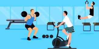 Illustrazione grafica che mostra tre persone che si allenano in una palestra: un uomo esegue squat con un bilanciere, un altro usa la cyclette e un terzo si esercita agli anelli.