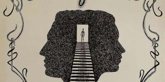 Particolare dell'immagine scelta per la locandina del film "Orfeo": Illustrazione in bianco e nero che raffigura due profili umani speculari che formano un'unica massa scura. Al centro, una scalinata conduce verso una porta luminosa da cui emerge una figura stilizzata.