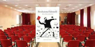 Copertina del libro "Rivoluzione Feltrinelli", sullo sfondo la Sala Magenes del Collegio S. Caterina da Siena