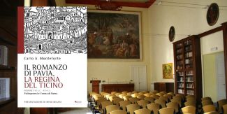 Copertina del libro "Il romanzo di Pavia, la regina del Ticino", sullo sfondo l'Aula Magna del Collegio F.lli Cairoli