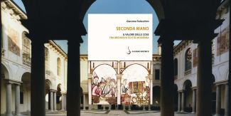 Copertina del libro "Seconda mano", sullo sfondo il chiostro interno del Collegio Ghislieri