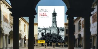 Copertina libro "Storia di Gaza. Terra, politica, conflitti", sullo sfondo chiostro interno del Collegio Ghislieri