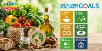 Cover con fotografia di verdure, legumi, olio; sulla destra le icone degli Obiettivi dell'Agenda 2030; in alto a sinistra il logo del Festival ASviS.